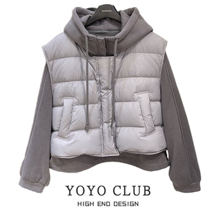 品牌折扣胖MM大码 韩系百搭宽松棉服马甲外套配连帽卫衣两件套女潮