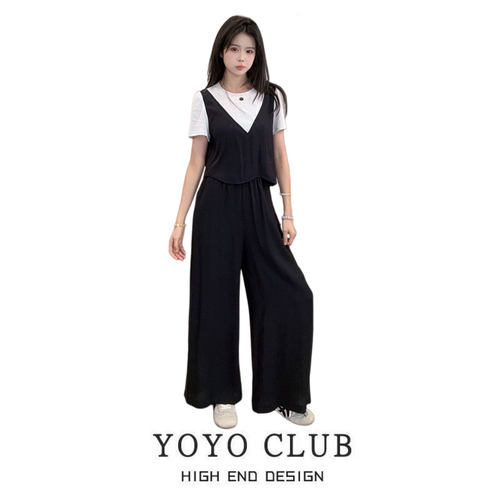夏季大码女装黑色背心阔腿三件套