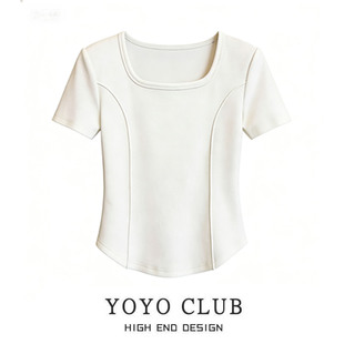 洋气减龄鱼骨短款 品牌折扣大码 t恤2026夏季 方领正肩短袖 上衣 女装