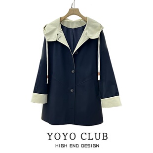 品牌折扣大码 宽松显瘦高级感外套女 韩系撞色拼接连帽风衣女中长款