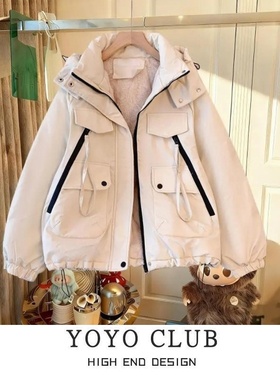 品牌折扣胖MM韩版时尚宽松工装棉服2025新款加厚休闲连帽外套女潮