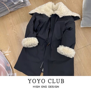 品牌折扣胖MM羊羔毛领棉服女中长款加厚保暖派克服外套百搭棉衣女