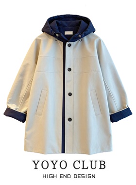 品牌折扣韩系时髦洋气高级感撞色连帽风衣女2026春季大码气质外套