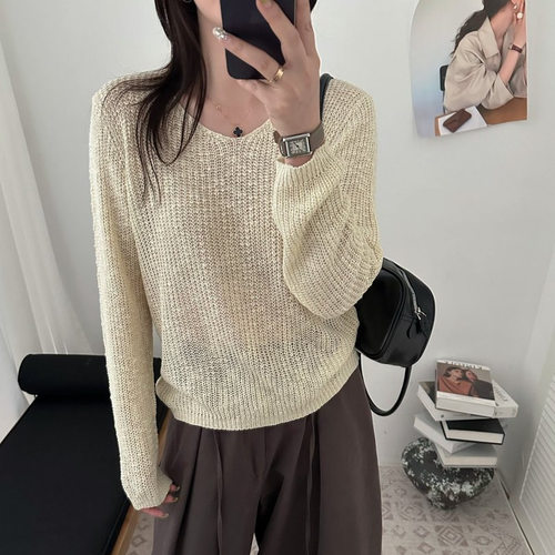 镂空V领针织打底衫女秋冬显瘦