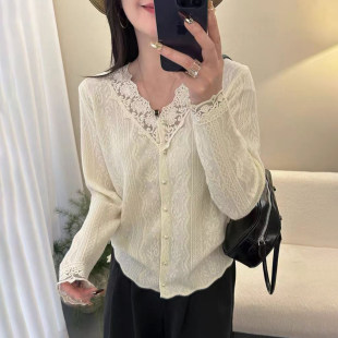 春装女款2026新款漂亮薄款蕾丝毛衣开衫外套女短款小个子针织上衣