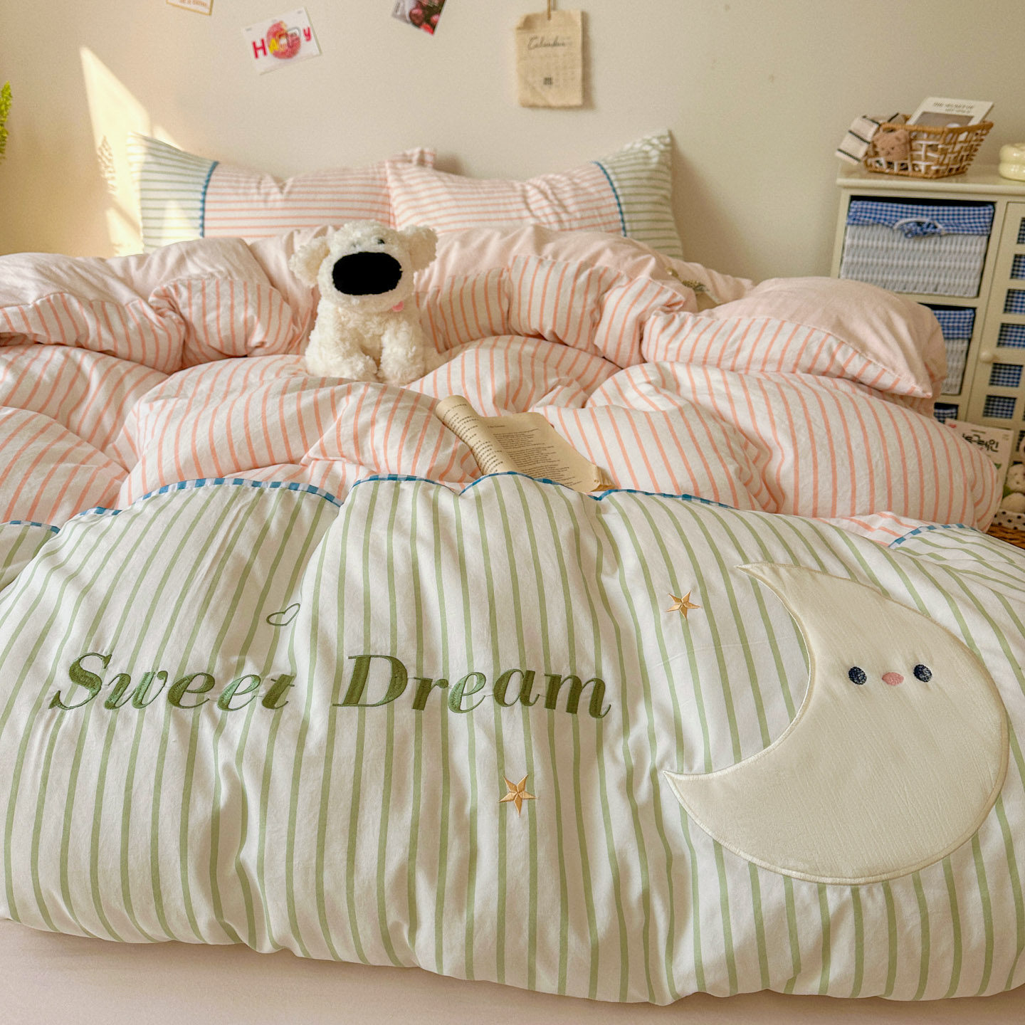 ins条纹小清新四件套床裙床笠被套床单非纯棉全棉学生宿舍三件套