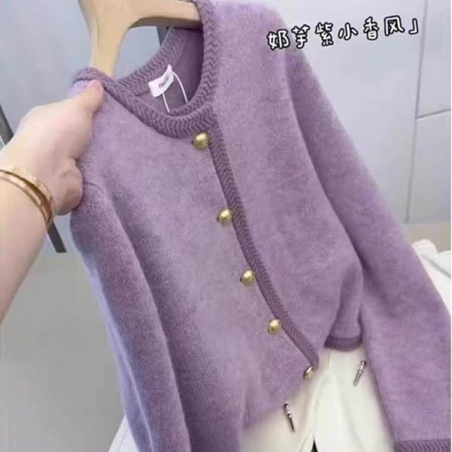 【柜柜货】韩系慵懒风香芋紫圆领开衫毛衣女秋冬季百搭针织衫上衣