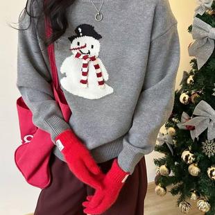 上衣 女婿家 超好看灰色小雪人印花毛衣女秋冬小个子软糯针织衫