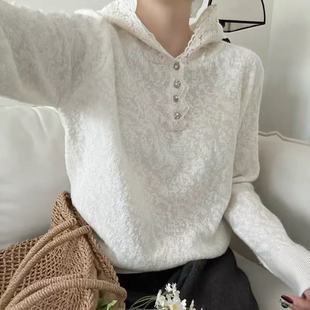 韩系穿搭设计感薄款 女2025新款 连帽衫 毛衣上衣 蕾丝花边针织衫
