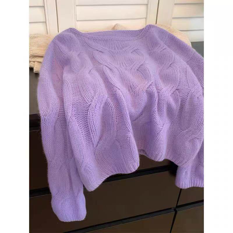 紫色毛茸茸麻花圆领套头毛衣女秋冬小个子慵懒软糯重工宽松针织衫