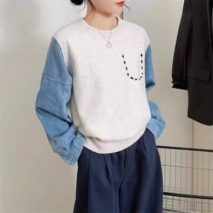 新款 假两件牛仔袖 2025秋冬季 针织衫 韩系穿搭宽松休闲毛衣 上衣女装