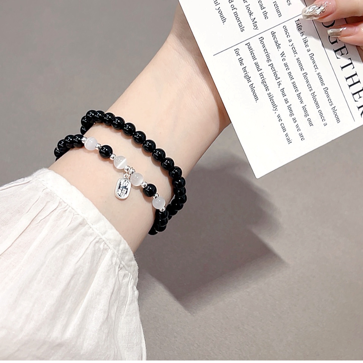 天然黑玛瑙复古手作纯银双层