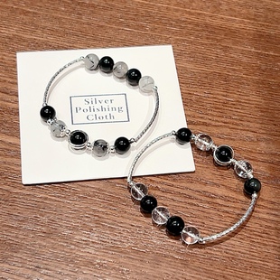 天然黑曜石手链女黑发晶好运防小人盐系设计礼物手镯弹性闺蜜纯银