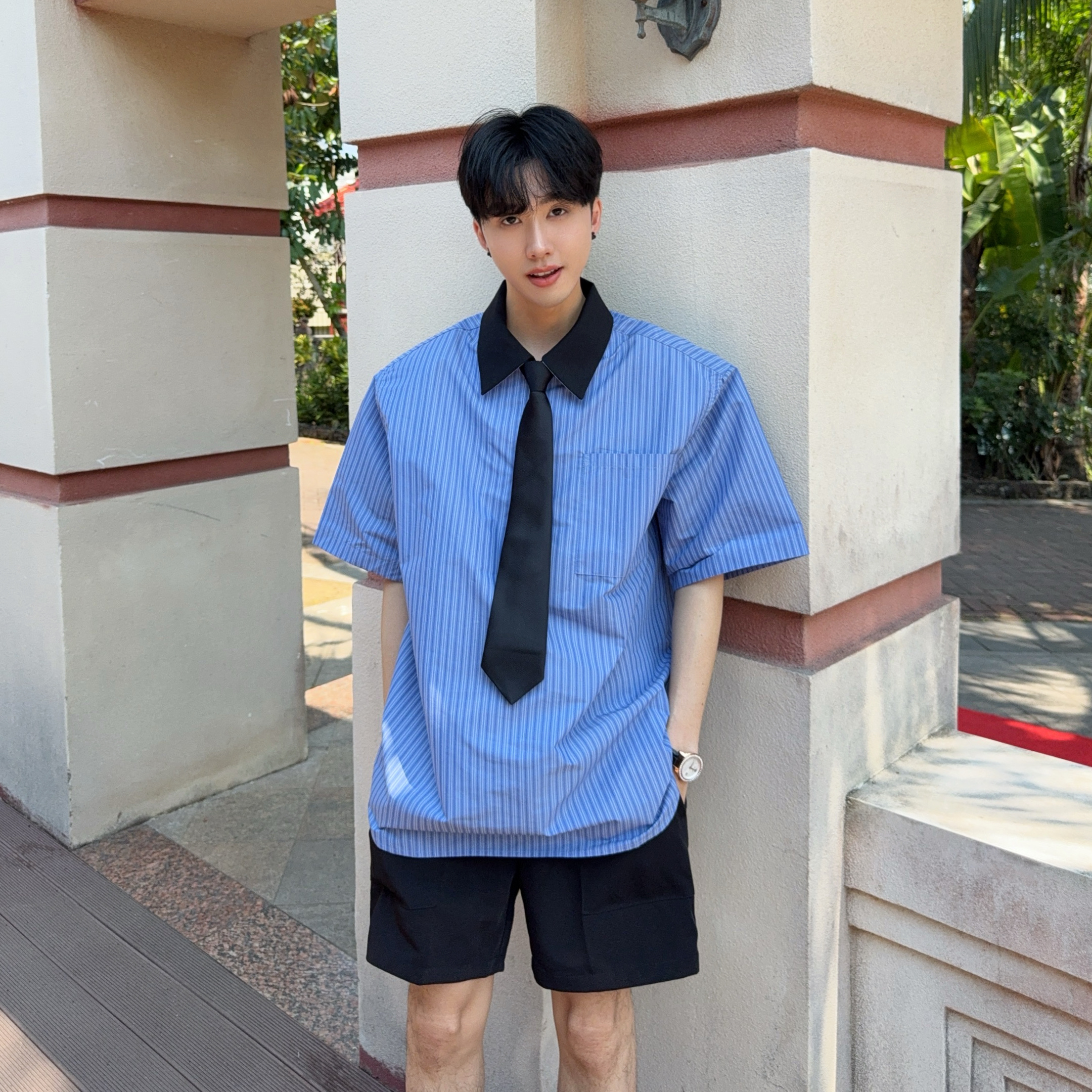 大富2025原创半拉链撞色领带竖纹短袖衬衫男韩版宽松套头垫肩衬衣