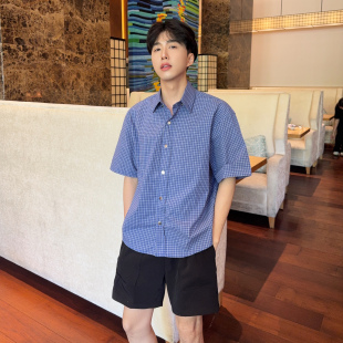 男夏季 大富2025新款 衬衫 金属扣短袖 宽松ins情侣衬衣 蓝色格纹韩版