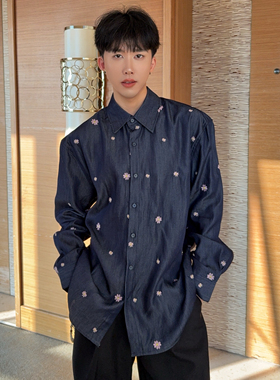 陈大富蓝色立体小雏菊刺绣天丝衬衫男原创宽松简约休闲碎花衬衣潮