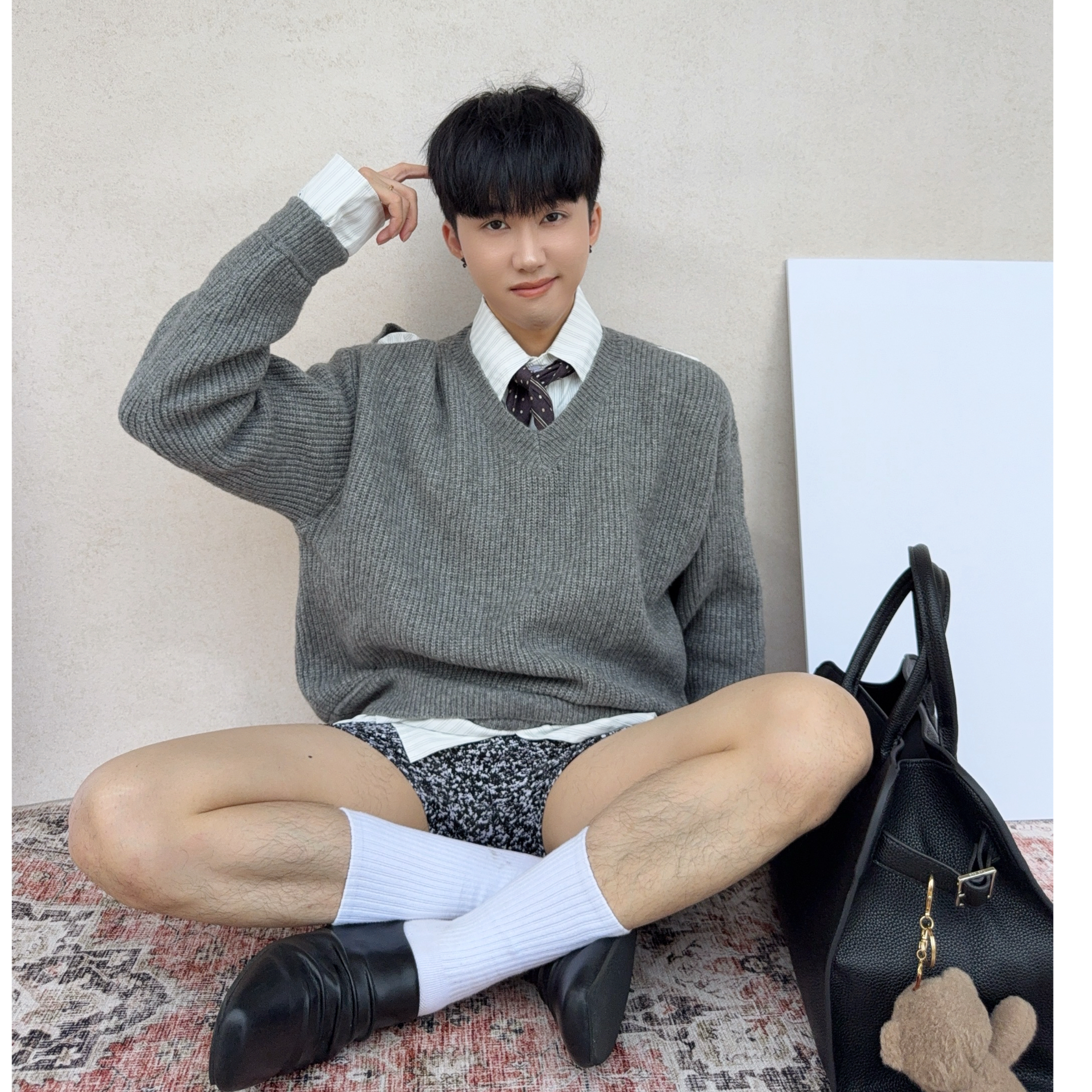 陈大富氛围感假两件V领polo毛衣男复古高级感衬衫领拼接针织外套