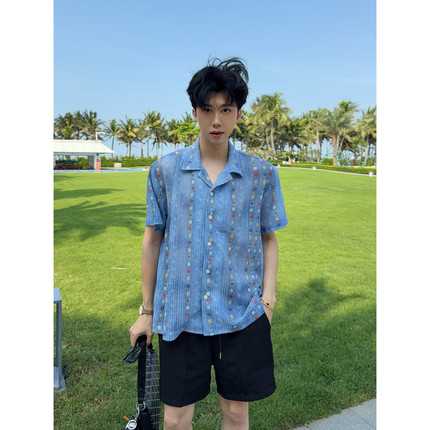 陈大富古巴领花朵镂空短袖衬衫男款度假风沙滩衬衣夏海岛穿搭上衣