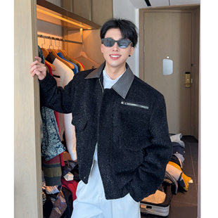 陈大富秋冬亮丝粗纺拼接皮领夹克男高级感宽松廓形细闪工装风外套