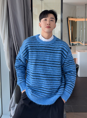 大富蓝色撞色条纹圆领套头毛衣男2025冬季新款宽松青春感针织外套
