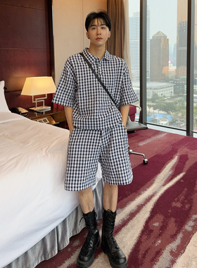 陈大富2025新款韩版短袖格子衬衫套装男夏季宽松度假蓝色休闲短裤