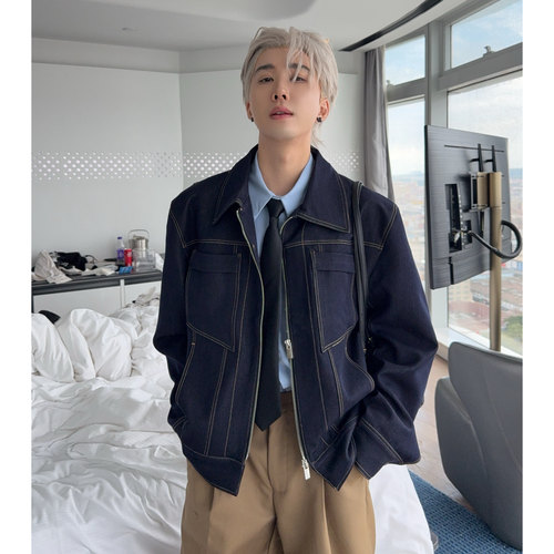 陈大富2025秋冬缉明线口袋牛仔外套男复古水洗宽松解构双拉链夹克