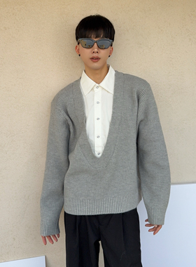 陈大富半开衫翻领衬衣假两件拼接毛衣男高级感宽松深V叠穿针织衫