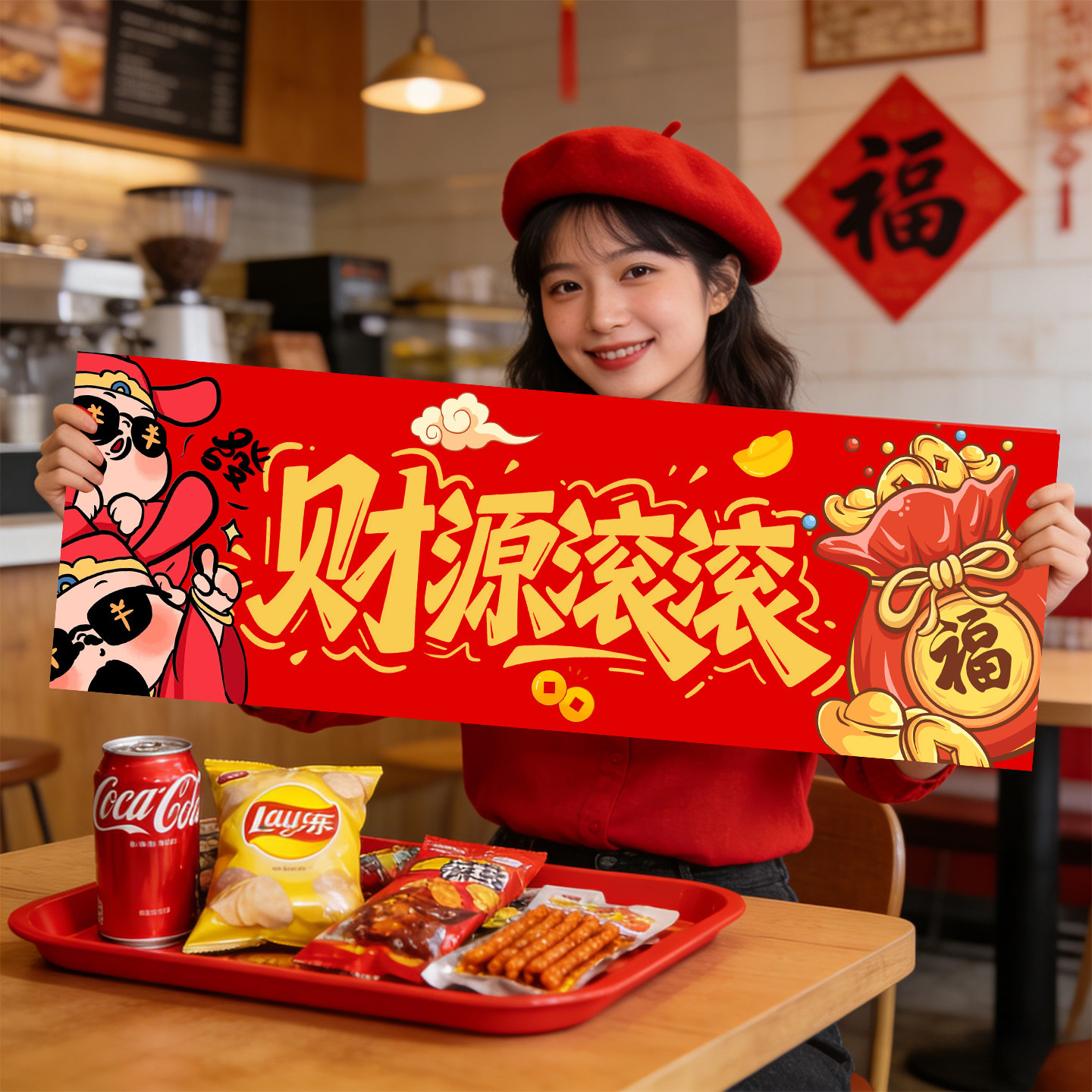 马年新年手持财源滚滚新年春节装饰牌红色卡通福字节日装扮用品