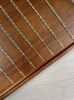 蓝色多巴胺小珠子串珠项链女流苏小号十字架吊坠锁骨链bm同款平替