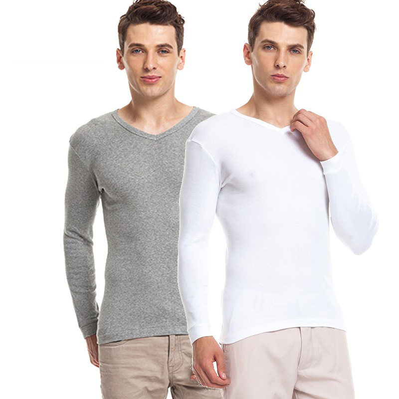 清仓秋衣男秋季纯棉单件上衣V领弹力修身薄款打底长袖内穿棉毛衫