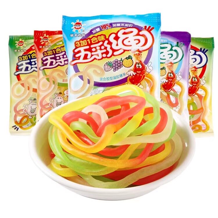 优卡五彩绳彩虹长条果汁橡皮软糖散装儿时怀旧童年休闲小零食网红