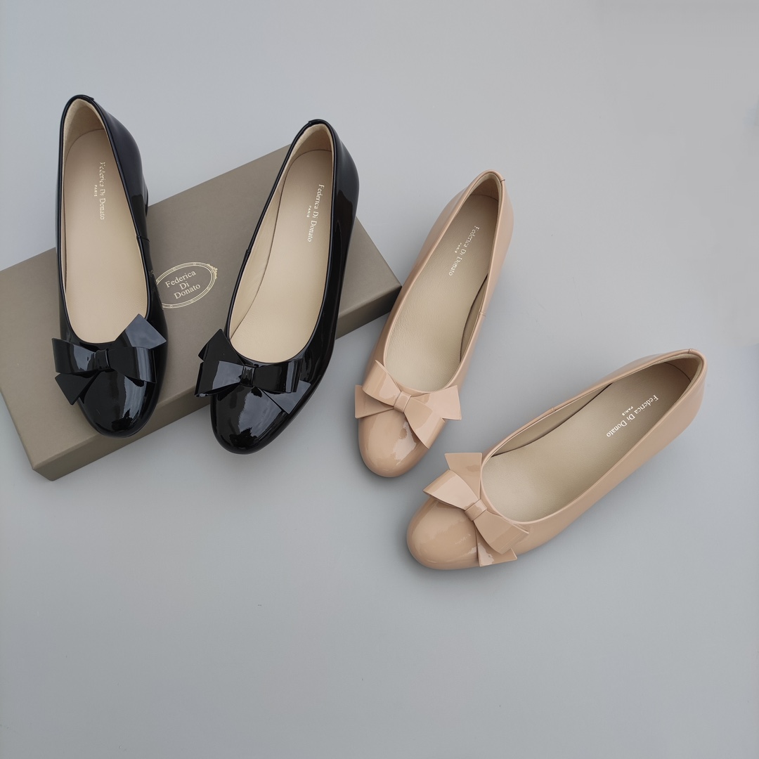 Federica Di Donato小香风经典圆头蝴蝶结百搭漆皮中跟粗跟单鞋女