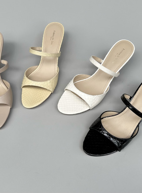 Federica Di Donato法式露趾蛇皮百搭高跟一字带拖鞋女凉拖外穿