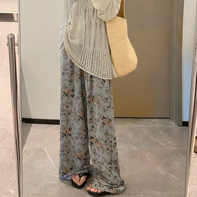 2025新款女夏季棉绸裤复古印花宽松休闲阔腿长裤睡可外穿