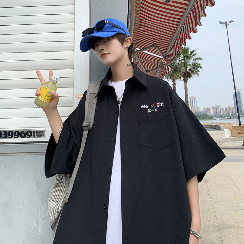 夏季大码港风褶皱休闲短袖衬衫薄款刺绣衬衣学生 CS05  P35图片