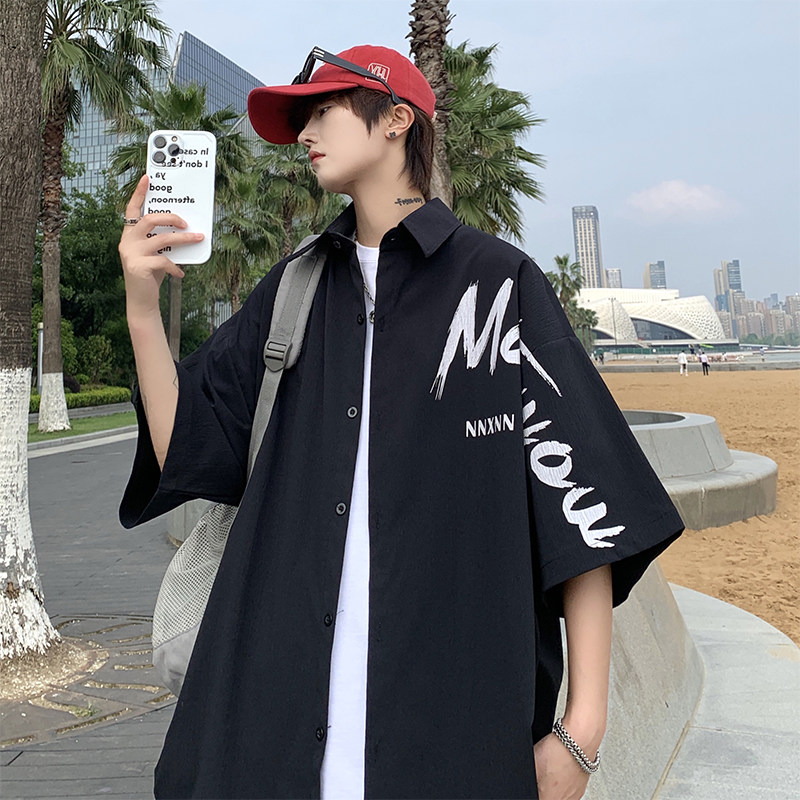 2022潮流褶皱港风短袖衬衫男大码印花情侣街头宽松衬衣CS06P35,男装T恤,星座417-3