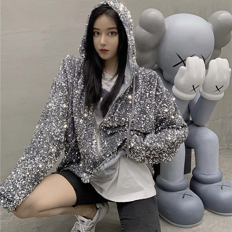 秋冬连帽宽松上衣oversize时尚重工亮片闪闪blingbling夹克外套女