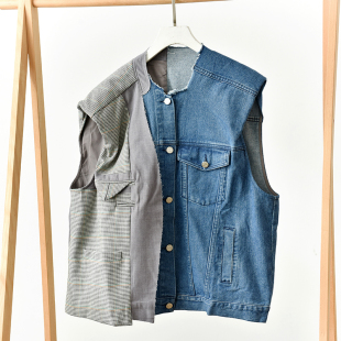 莉2659 叠穿百搭坎肩外套 复古牛仔马甲圆领单排扣短款