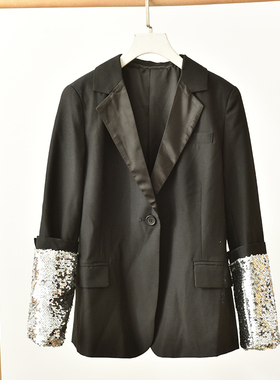 黑色亮片袖西装外套商务轻熟风设计感时尚西服  莉3114  E1-4