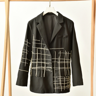 莉3122 外套 酷感御姐风手工刺绣格纹短外套翻领设计感西装