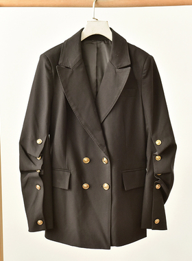 黑色双排扣西装外套金属纽扣中长款通勤西服  莉3116  E1-4
