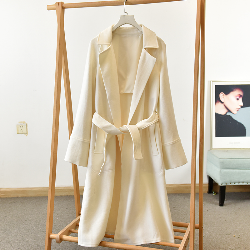 轻熟优雅风白色大衣女中长款系带收腰毛呢外套  莉2486  E1-4