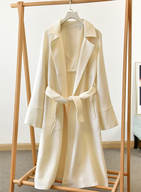 轻熟优雅风白色大衣女中长款系带收腰毛呢外套  莉2486  E1-4