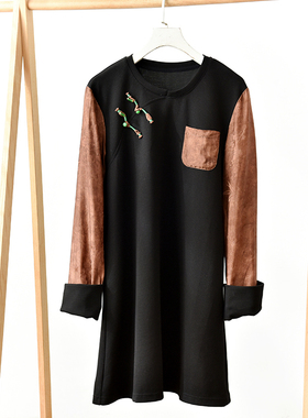 复古拼接风黑色长袖连衣裙女修身显瘦圆领中式盘扣  莉2596 B4-3