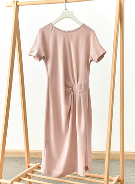 孤品 显瘦气质收腰褶皱醋酸面料短袖圆领连衣裙长裙AC15X7-3