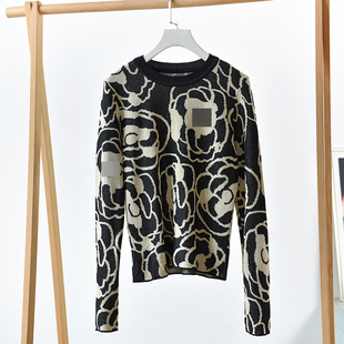 莉3341 巴洛克风印花圆领毛针织衫 长袖 收腰显瘦设计感