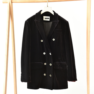 莉2730 外套女双排扣短外套轻熟风 老钱风黑色天鹅绒西装