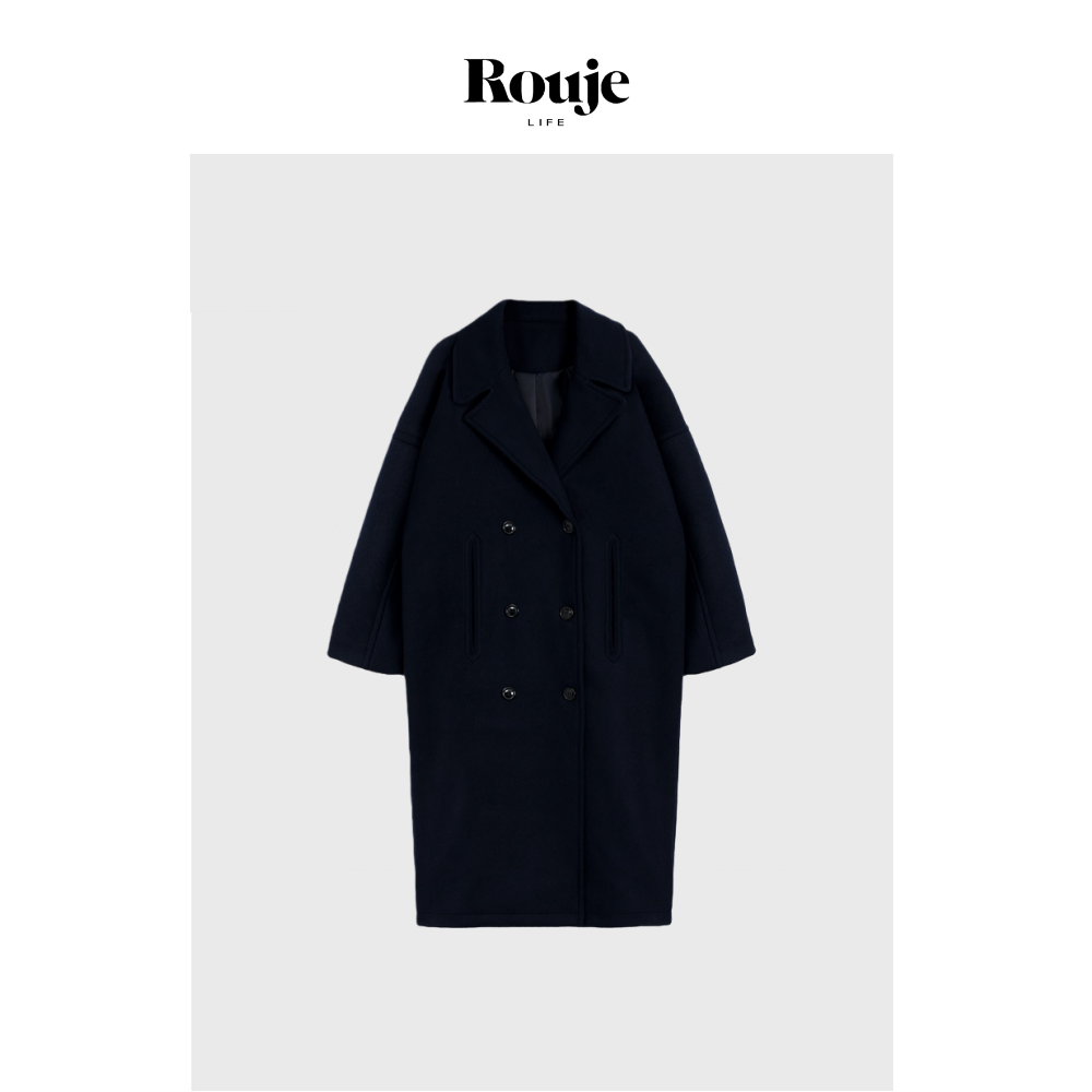 【现货】Rouje Life藏青色毛呢大衣落肩加厚保暖羊毛混纺长款外套