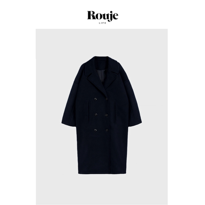 【现货】Rouje Life藏青色毛呢大衣落肩加厚保暖羊毛混纺长款外套
