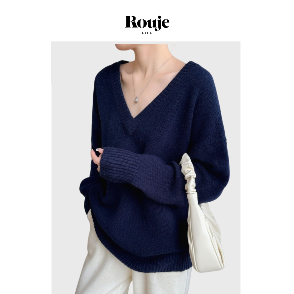 【现货】Rouje Life气质MAX美利奴全羊毛重磅加厚大V领针织羊毛衫